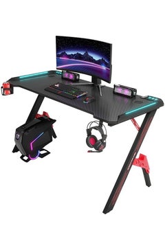 PENG GENERAL Z Shaped Gaming Desk with Cup Holder Headphone Hook, Modern Home Office Computer Desk with Light 140x60x73cm  - Image 1
