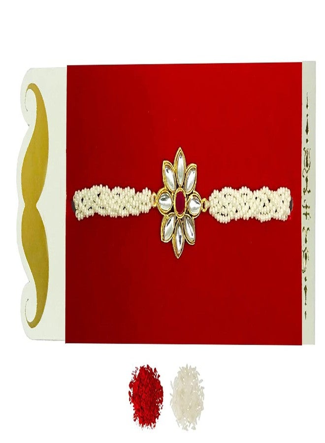 Evisha Red American Diamond Studded And Golden Hanging Bhai/Brother Bhabhi Rakhi Set & Roli Chawal Puja Plate for Women Rakhi-257-Kada-31-T (Multi-Coloured) | | rakhi || rakhi set || rakhi for brother || rakhi for brother and bhabhi || rakhi combo || bhaiya bhabhi rakhi || rakhi gifts - Image 1