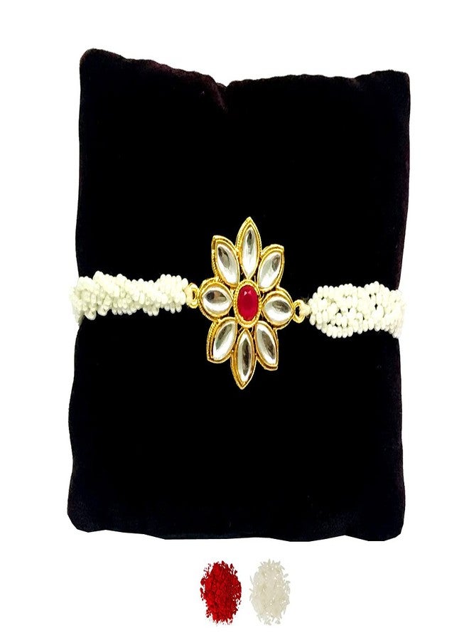 Evisha Red American Diamond Studded And Golden Hanging Bhai/Brother Bhabhi Rakhi Set & Roli Chawal Puja Plate for Women Rakhi-257-Kada-31-T (Multi-Coloured) | | rakhi || rakhi set || rakhi for brother || rakhi for brother and bhabhi || rakhi combo || bhaiya bhabhi rakhi || rakhi gifts - Image 2