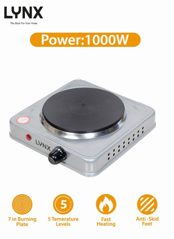 lynx Electric Single Burner Hot Plate 1000W Power with 5 Temperature Levels, Fast Heating Cast Iron Cooking Plate, Anti-Skid Feet, Compact Design, Easy to Clean for Home, Travel or Office Use – Model LY-HP-6011  - Image 4