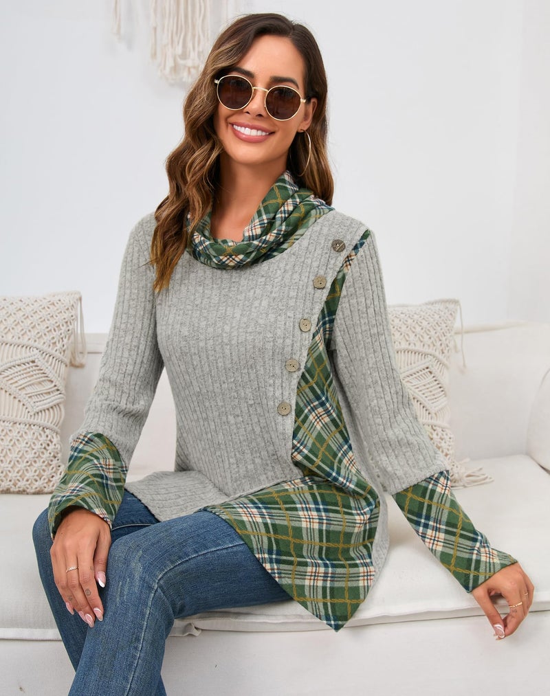 Miusey Sweatshirts for Women Loose Fit Women's Pullover Sweaters Lightweight Tunic to Wear with Leggings Light Camel Green Plaid XL - Image 4