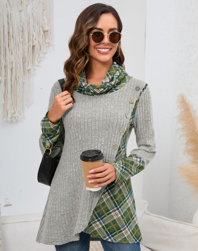 Miusey Sweatshirts for Women Loose Fit Women's Pullover Sweaters Lightweight Tunic to Wear with Leggings Light Camel Green Plaid XL - Image 2