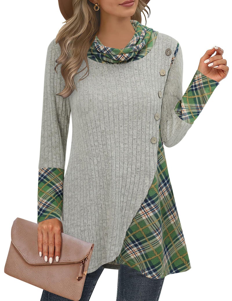 Miusey Sweatshirts for Women Loose Fit Women's Pullover Sweaters Lightweight Tunic to Wear with Leggings Light Camel Green Plaid XL - Image 1