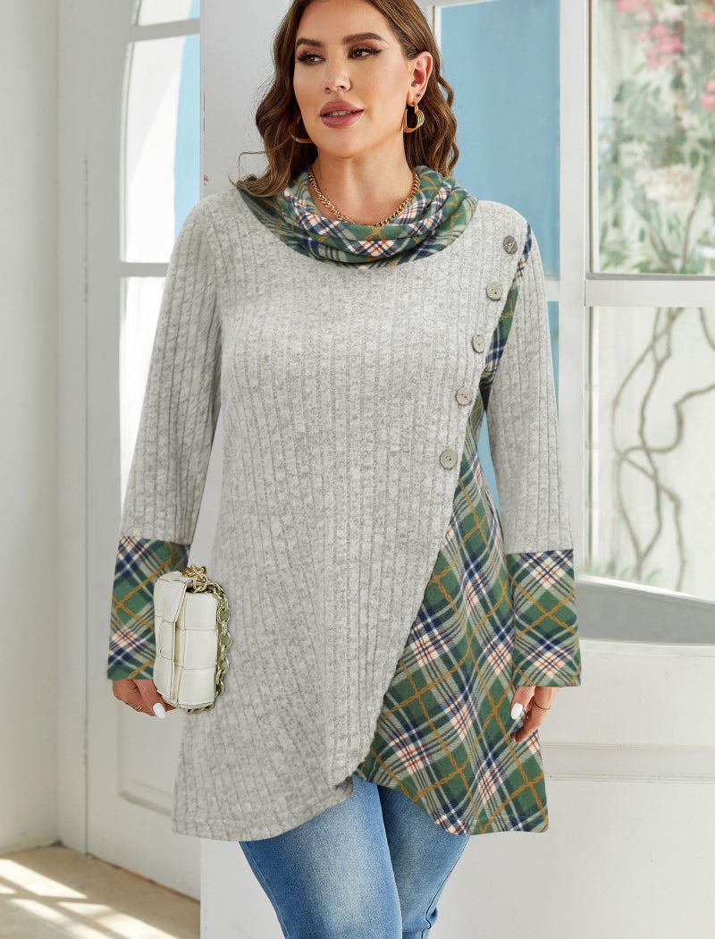 Miusey Sweatshirts for Women Loose Fit Women's Pullover Sweaters Lightweight Tunic to Wear with Leggings Light Camel Green Plaid XL - Image 3