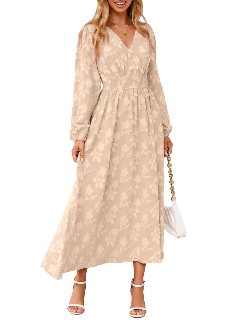 Simplee Womens Boho Floral Long Sleeve Maxi Dress V Neck Empire Waist Semi Formal Wedding Guest Long Flowy Dresses Beige L - Image 1