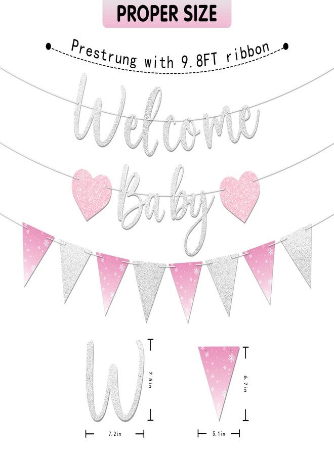 Blopee Prestrung Welcome Baby Banner for Girl Shower Decorations Silver Pink Snowflake Winter Wonderland Baby Shower Decorations Party Supplies - Image 3