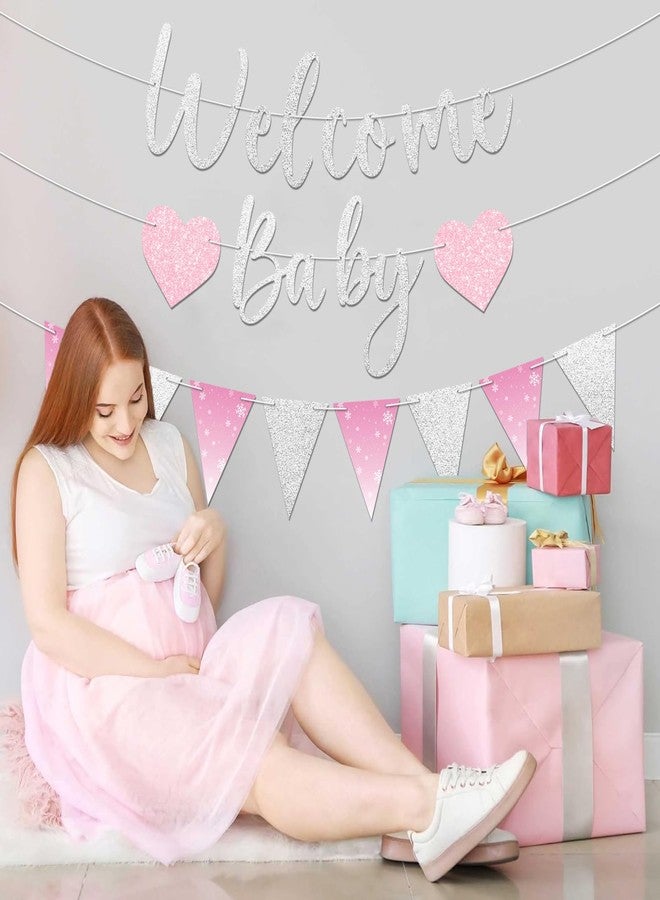 Blopee Prestrung Welcome Baby Banner for Girl Shower Decorations Silver Pink Snowflake Winter Wonderland Baby Shower Decorations Party Supplies - Image 5