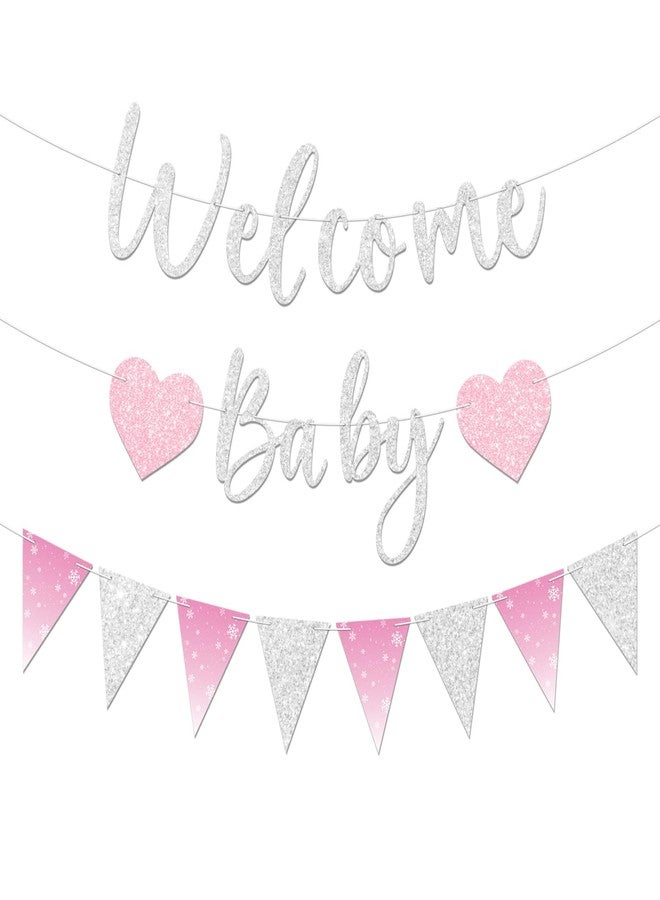 Blopee Prestrung Welcome Baby Banner for Girl Shower Decorations Silver Pink Snowflake Winter Wonderland Baby Shower Decorations Party Supplies - Image 1