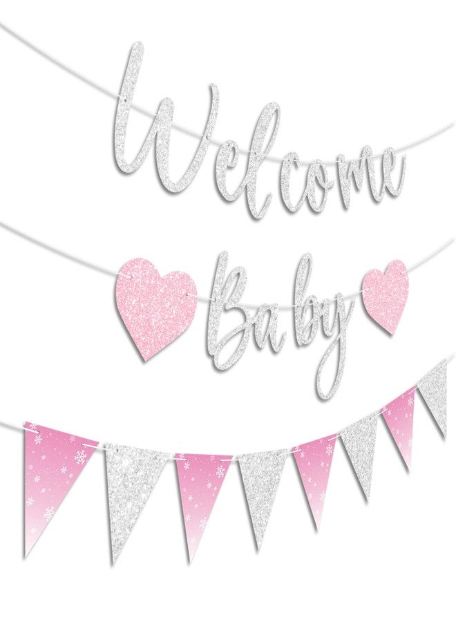 Blopee Prestrung Welcome Baby Banner for Girl Shower Decorations Silver Pink Snowflake Winter Wonderland Baby Shower Decorations Party Supplies - Image 2