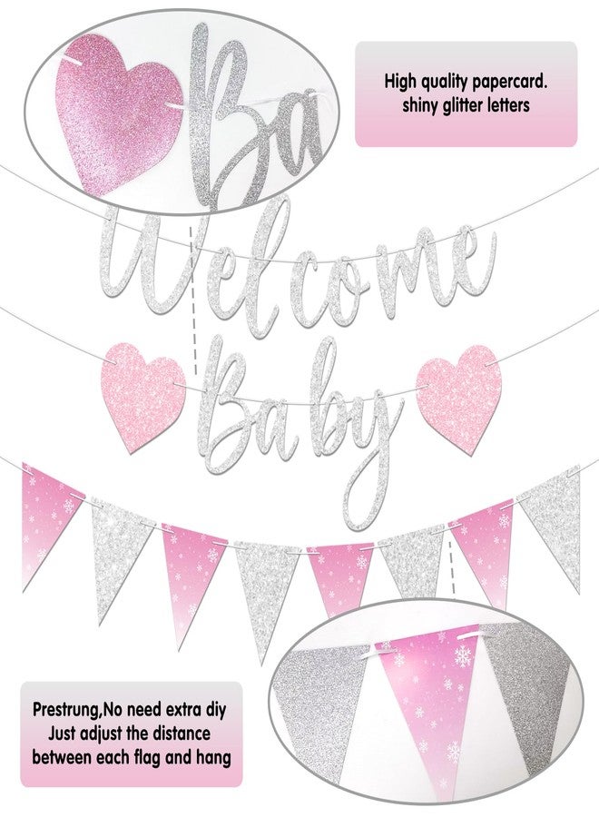Blopee Prestrung Welcome Baby Banner for Girl Shower Decorations Silver Pink Snowflake Winter Wonderland Baby Shower Decorations Party Supplies - Image 4