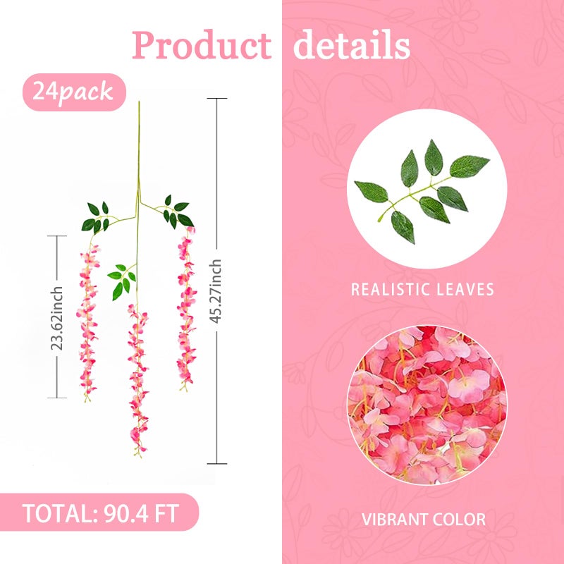 Luerbi Pink Wisteria Hanging Flowers  24 Pack Pink Flower Vines  Fake Pink Wisteria  3.77 Feet Pink Artificial Wisteria Flowers  Pink Hanging Wisteria Flowers Garland  Pink Flower Garland for Backdrop Decor - Image 3