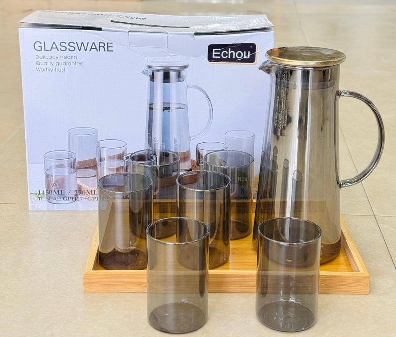 LVOOK Premium 6-Piece Black Glass Tumbler Set (270ml) with 1.3L Borosilicate Glass Water Jug and Wooden Tray – Elegant Drinkware Combo for Dining Table - Image 1