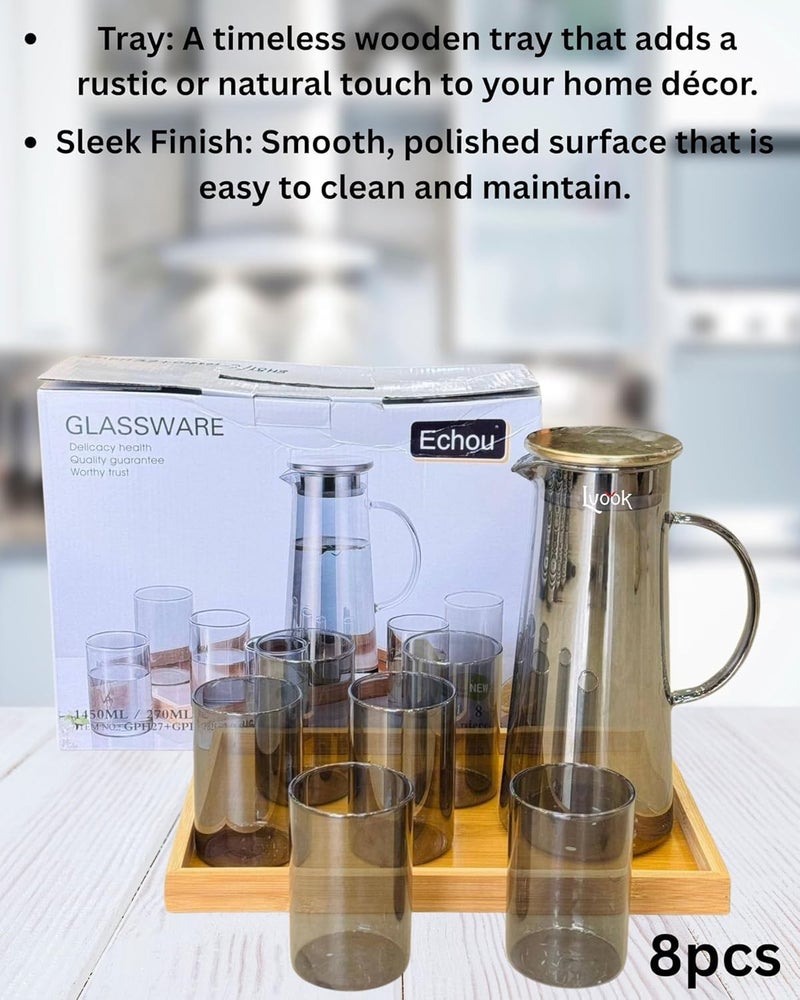 LVOOK Premium 6-Piece Black Glass Tumbler Set (270ml) with 1.3L Borosilicate Glass Water Jug and Wooden Tray – Elegant Drinkware Combo for Dining Table - Image 5