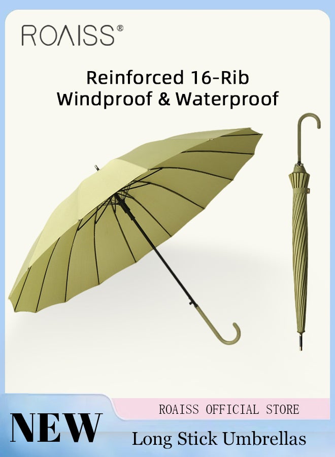 roaiss Unisex Straight-Pole Long Handle Umbrella with High-Density Waterproof Coating Leather Handle Curved Hook for Easy Grip Semi-Auto 16 Rib Reinforcement Design for Rain Sun and Wind - Image 1