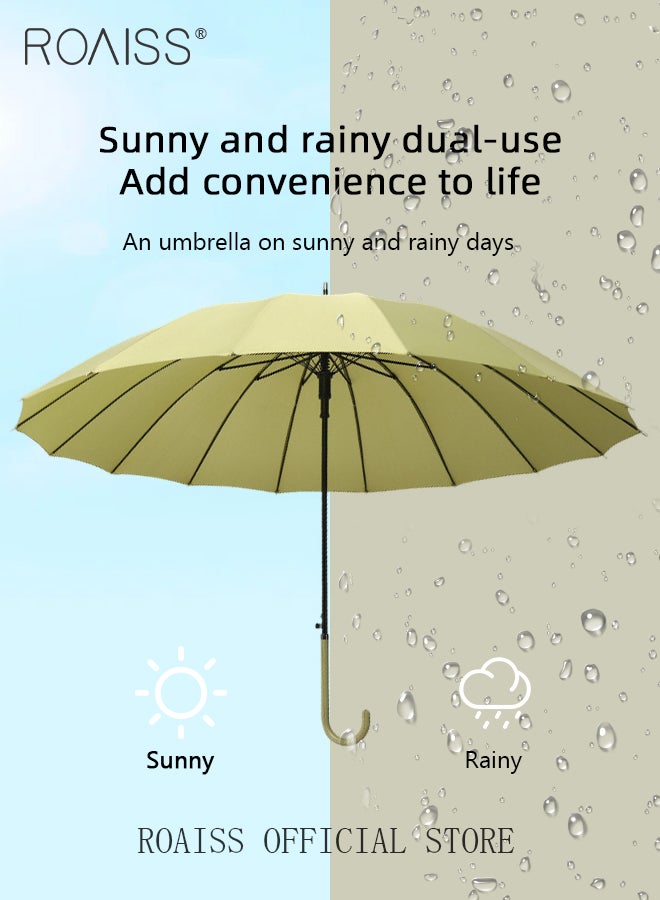 roaiss Unisex Straight-Pole Long Handle Umbrella with High-Density Waterproof Coating Leather Handle Curved Hook for Easy Grip Semi-Auto 16 Rib Reinforcement Design for Rain Sun and Wind - Image 2