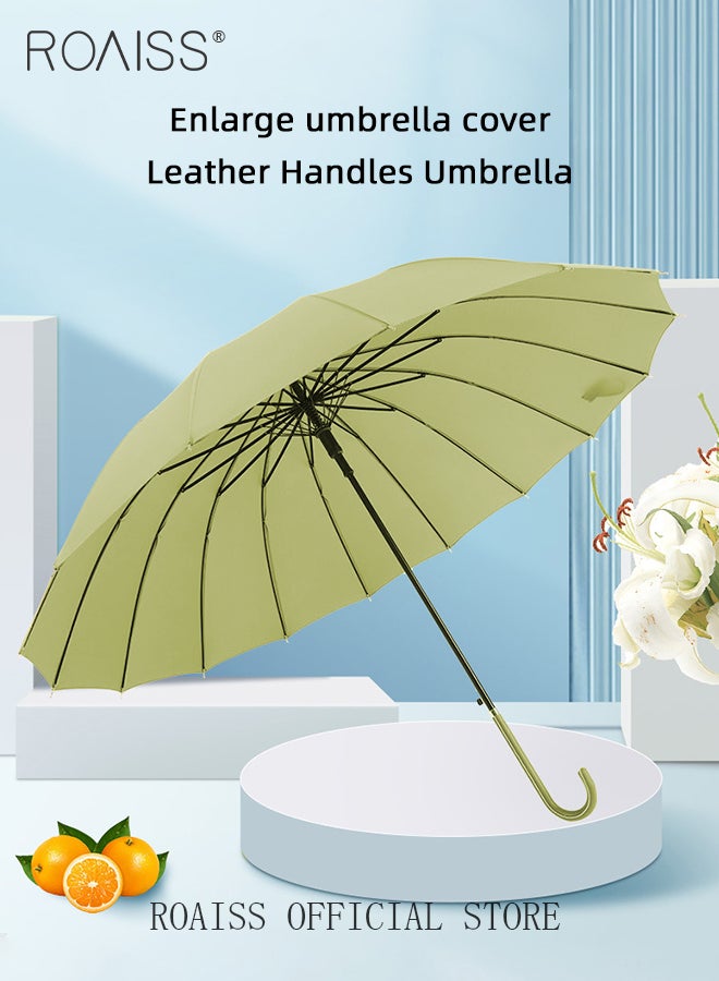 roaiss Unisex Straight-Pole Long Handle Umbrella with High-Density Waterproof Coating Leather Handle Curved Hook for Easy Grip Semi-Auto 16 Rib Reinforcement Design for Rain Sun and Wind - Image 4