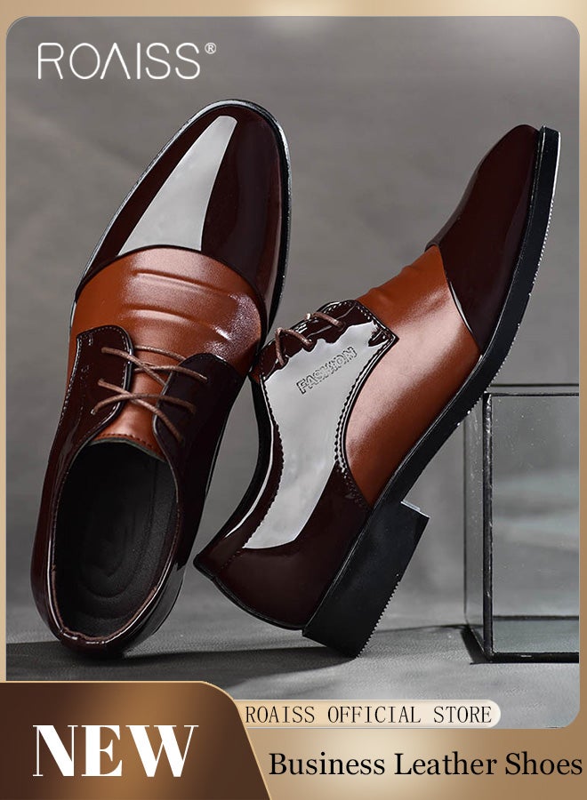 رويس أحذية رجالية من الجلد اللامع، أحذية رسمية منخفضة الرقبة مع أربطة ونعل مانع للانزلاق، أحذية أنيقة للرجال، أحذية جلدية كلاسيكية بسيطة للعمل، مناسبة للارتداء اليومي والعمل وحفلات الزفاف والأنشطة الخارجية - Image 1