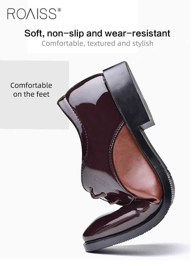 رويس أحذية رجالية من الجلد اللامع، أحذية رسمية منخفضة الرقبة مع أربطة ونعل مانع للانزلاق، أحذية أنيقة للرجال، أحذية جلدية كلاسيكية بسيطة للعمل، مناسبة للارتداء اليومي والعمل وحفلات الزفاف والأنشطة الخارجية - Image 2