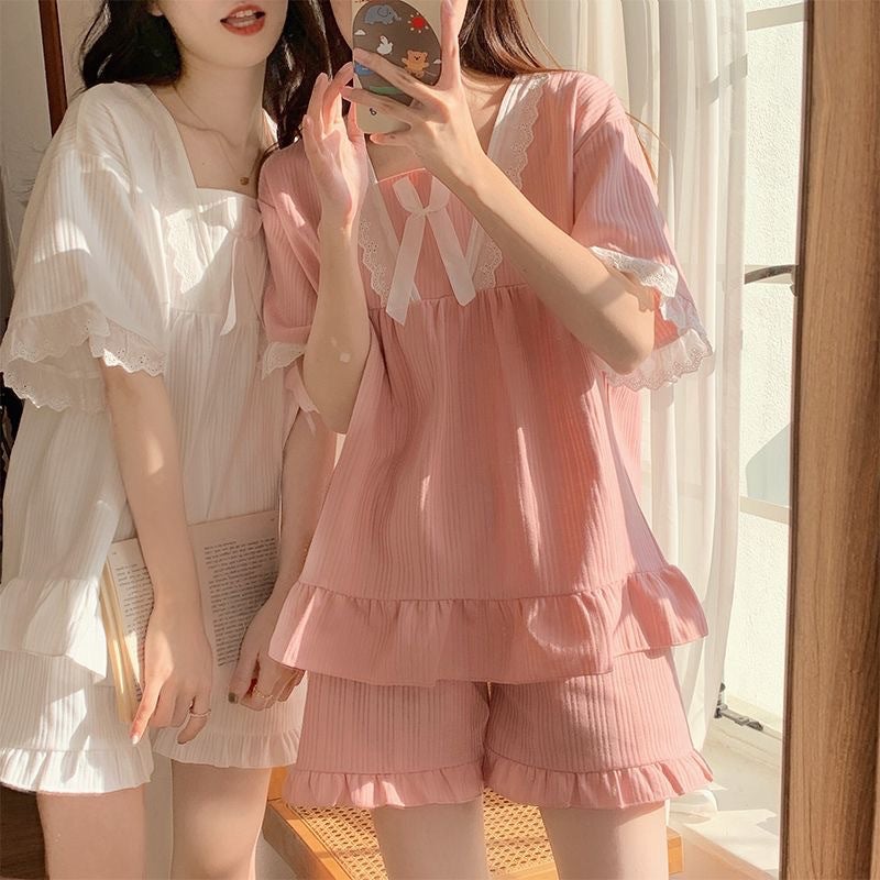 Palace Style Pajamas for Women Summer Short-sleeved with Chest Pad Korean Style Square Collar Small Sweet Girlfriend Home Clothes suit - Image 2