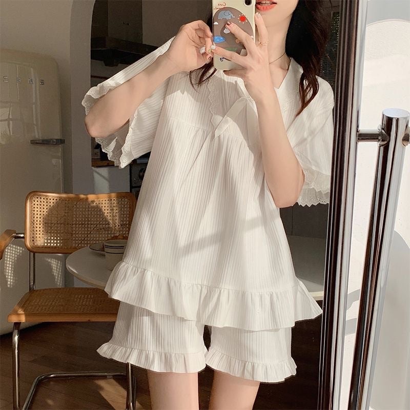 Palace Style Pajamas for Women Summer Short-sleeved with Chest Pad Korean Style Square Collar Small Sweet Girlfriend Home Clothes suit - Image 5