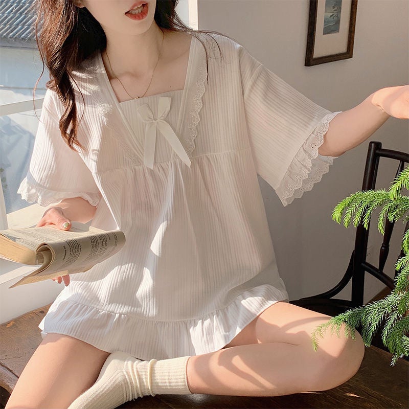Palace Style Pajamas for Women Summer Short-sleeved with Chest Pad Korean Style Square Collar Small Sweet Girlfriend Home Clothes suit - Image 4