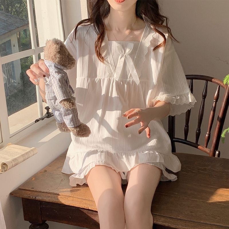 Palace Style Pajamas for Women Summer Short-sleeved with Chest Pad Korean Style Square Collar Small Sweet Girlfriend Home Clothes suit - Image 3