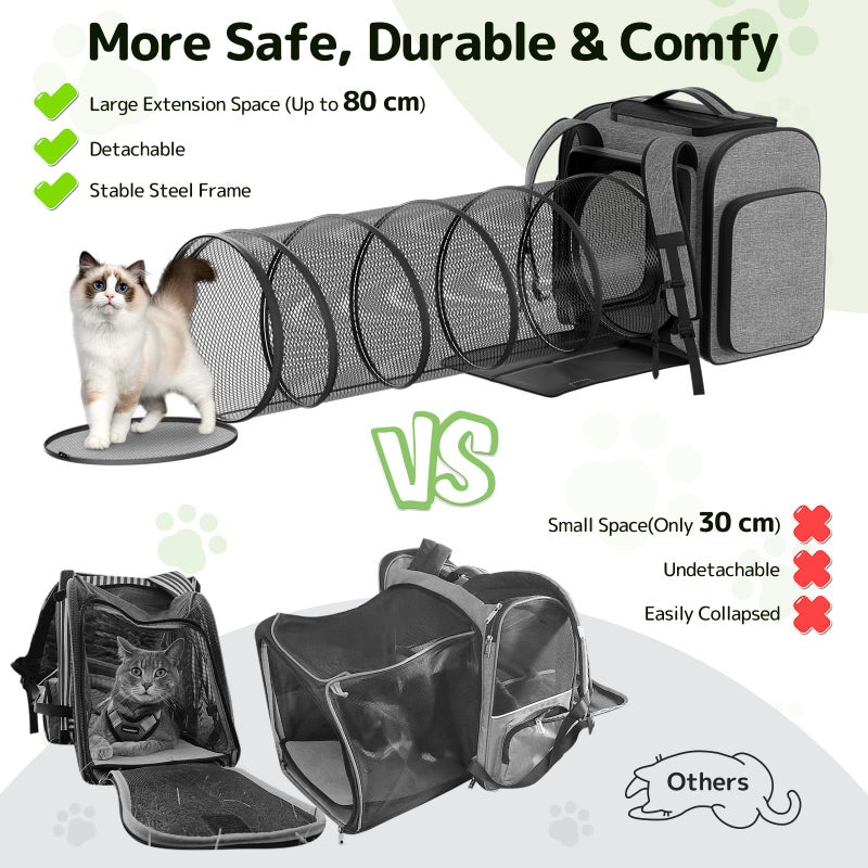 Pawtners Cat Backpack with Detachable Play Tunnel, 2 in 1 Cat Tunnel Backpack Suitable for Carrying & Playing, Expandable Dog Backpack for Small Medium Kitten Puppy, Suitable for Travel Hiking Camping - Image 3
