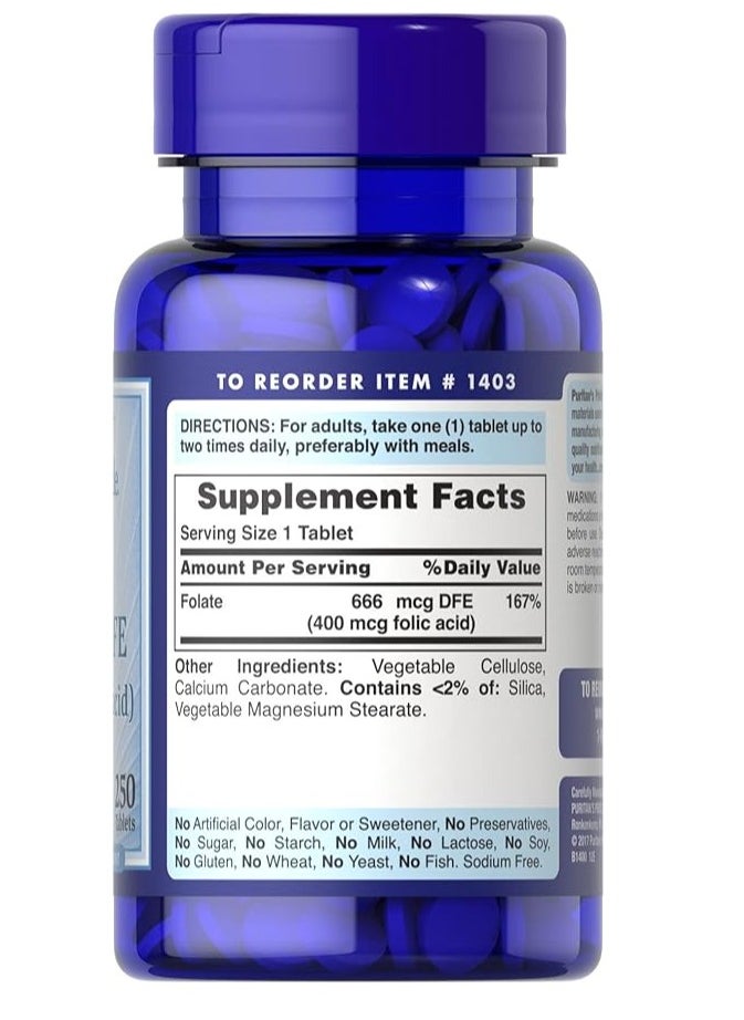 Puritan's Pride Folate Folic acid 666 mcg Tablets 250's  - Image 2