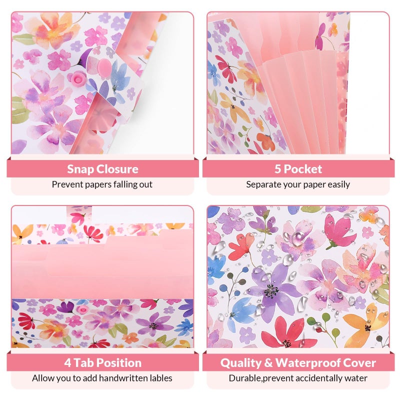SKYDUE Accordion File Organizer, Floral Expanding File Folders with 5 Pockets, Cute Document Organizer for Paper Bills Receipt Storage, School Office & Hospital Supplies Letter/A4 Size Purple - Image 3