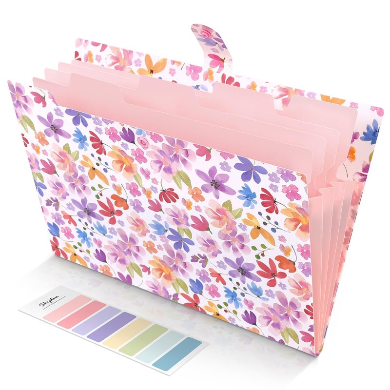 SKYDUE Accordion File Organizer, Floral Expanding File Folders with 5 Pockets, Cute Document Organizer for Paper Bills Receipt Storage, School Office & Hospital Supplies Letter/A4 Size Purple - Image 1