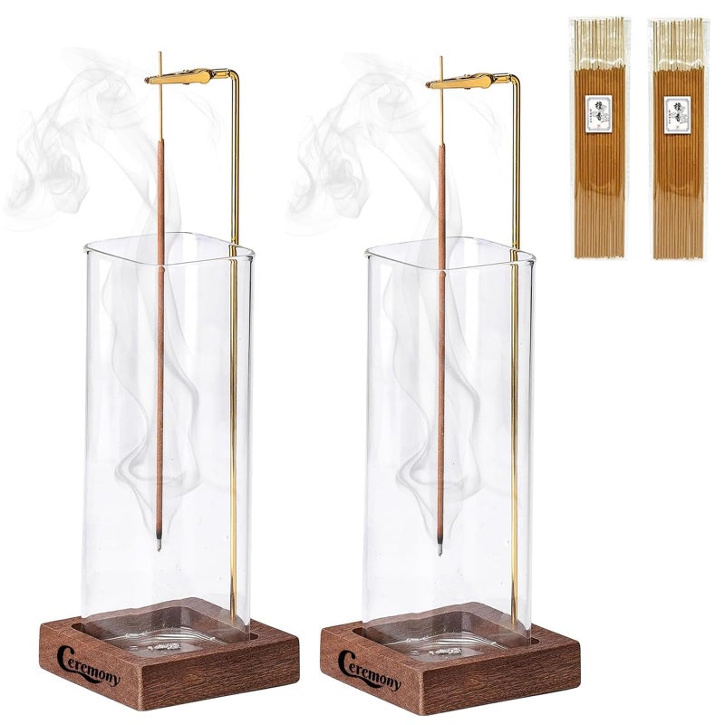 Ceremony Incense Holder,2Pack Wood Incense Holder for Sticks with Glass Ash Catcher,Incense Burner for Meditation Yoga Spa Room Decor - Image 1