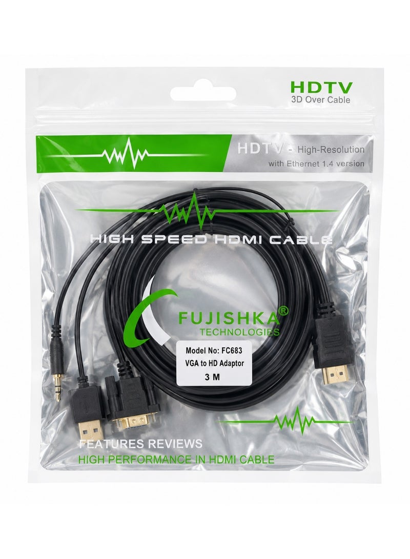 فوجيشكا كابل محول VGA إلى HDMI ممتاز مع منفذ صوت وطاقة USB بطول 3 أمتار (FC683) باللون الأسود، متوافق مع أجهزة الكمبيوتر المكتبية والمحمولة والشاشات وأجهزة التلفزيون وأجهزة العرض والتلفزيونات عالية الدقة. - Image 2
