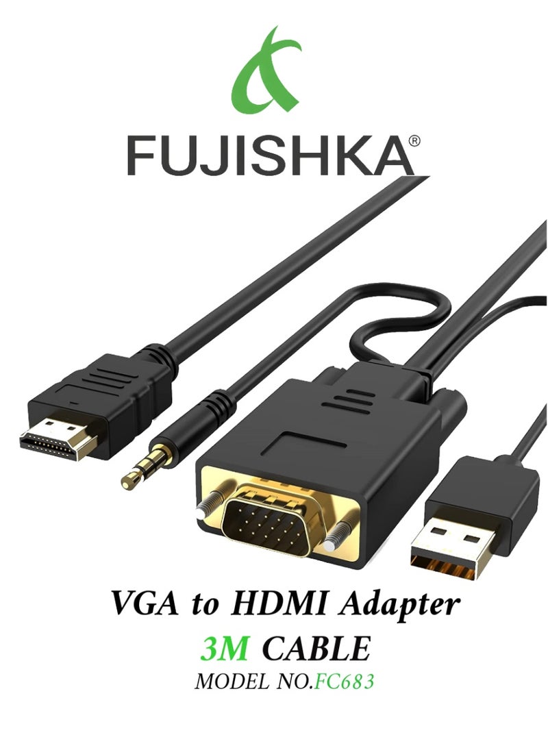 فوجيشكا كابل محول VGA إلى HDMI ممتاز مع منفذ صوت وطاقة USB بطول 3 أمتار (FC683) باللون الأسود، متوافق مع أجهزة الكمبيوتر المكتبية والمحمولة والشاشات وأجهزة التلفزيون وأجهزة العرض والتلفزيونات عالية الدقة. - Image 1