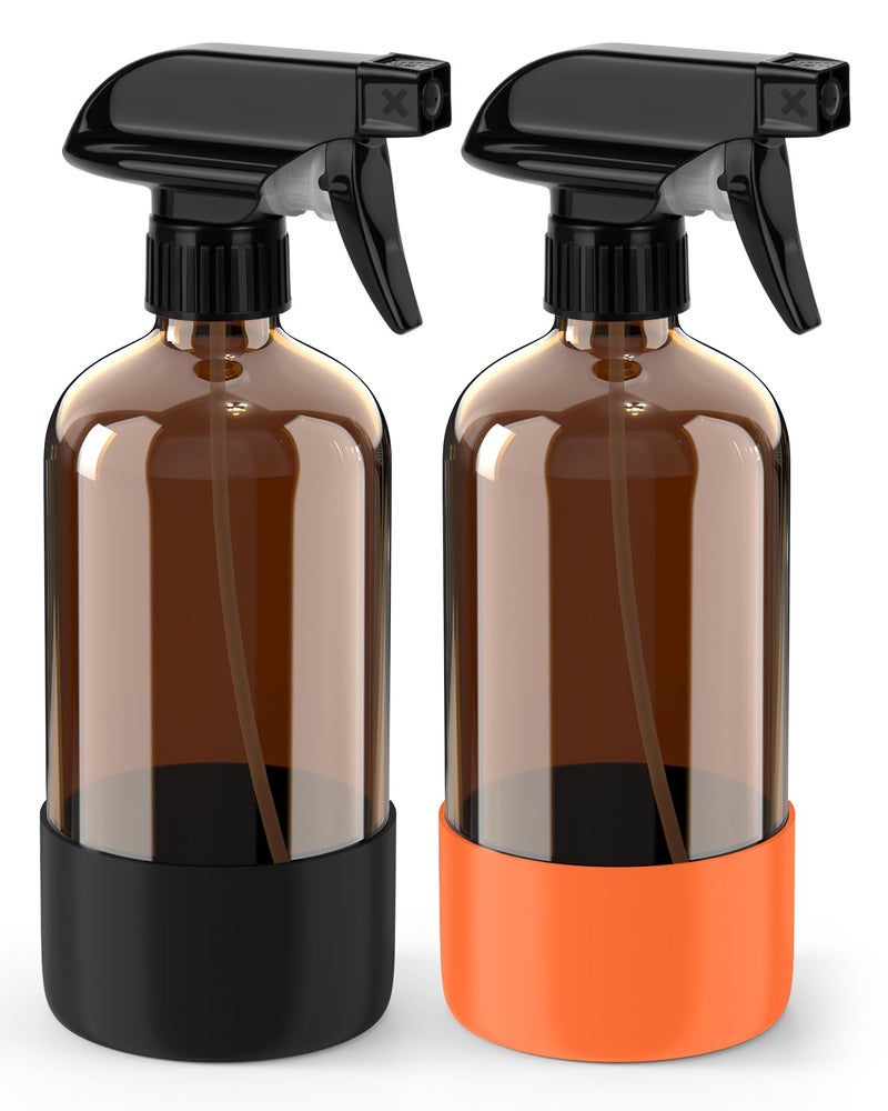 Bontip Glass Spray Bottle With Silicone Sleeve Protection  Amber Glass Spray Bottle Set For Non-Toxic Window Cleaner Aromatherapy Facial Hydration Watering Flower Hair Care 2 Pack/16 Oz (Black&Orange) - Image 1