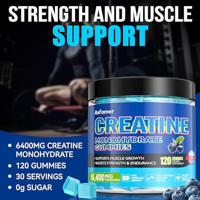 AnFamer Creatine Monohydrate Gummies for Men & Women, Increase Strength and Build Muscle, Energy & Booty Gain, Preworkout Supplement, Sugar Free, Vegan, Chewables Blueberry Flavor-120 Count - Image 2