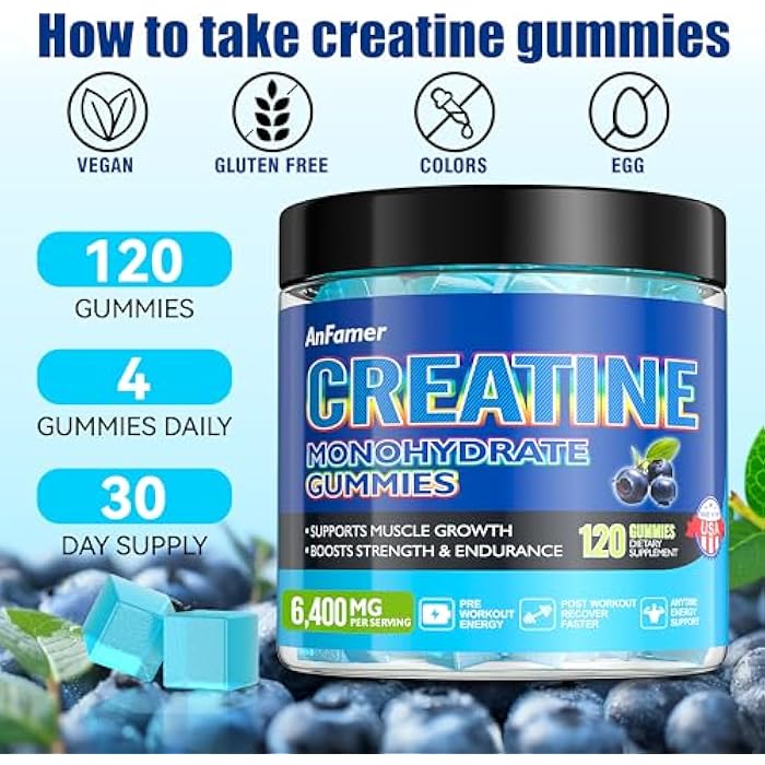 AnFamer Creatine Monohydrate Gummies for Men & Women, Increase Strength and Build Muscle, Energy & Booty Gain, Preworkout Supplement, Sugar Free, Vegan, Chewables Blueberry Flavor-120 Count - Image 5