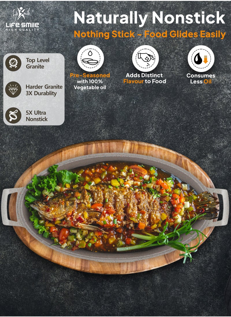 Life Smile - Fish Frying Pan With lid, Granite Coating Non Stick Oval Frying pan 100% PFOA FREE, Oven Safe - Image 1