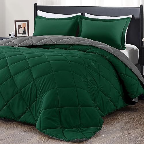 downluxe King Size Comforter Set Dark Green and Grey King Comforter Soft Bedding Sets for All Seasons 3 Pieces 1 Comforter 104x92 and 2 Pillow Shams20x36