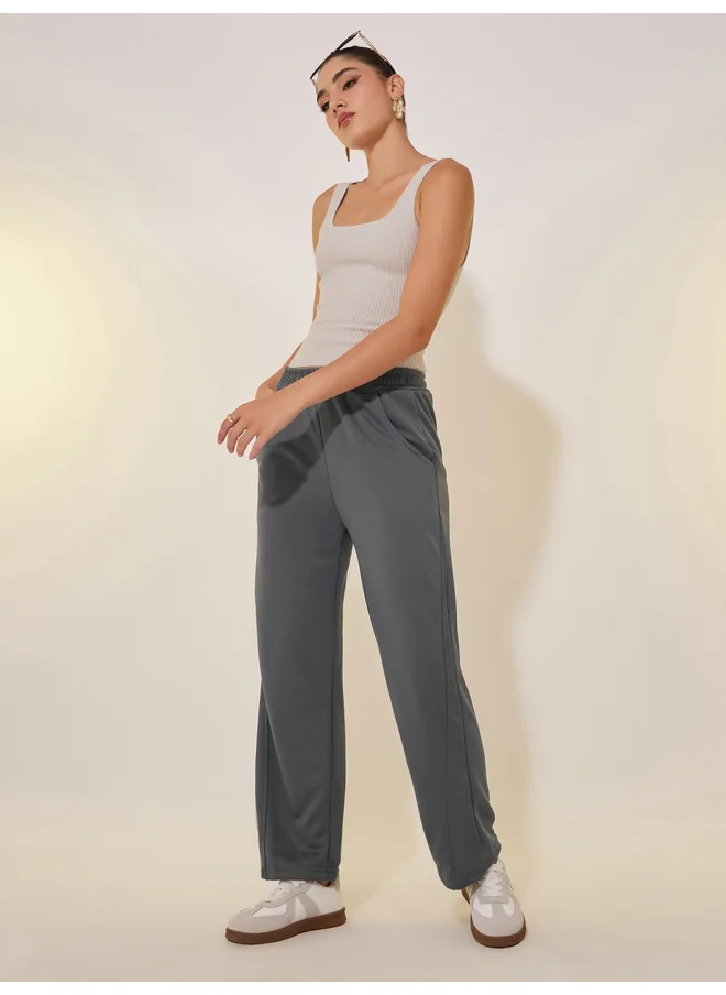 تايك تو Take Two Grey Solid Loose Wide Leg Pant