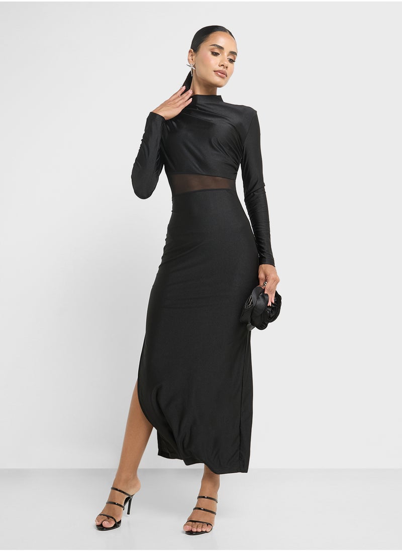 Ginger Draped Bodycon Dress With Mesh Cutout  - Image 4