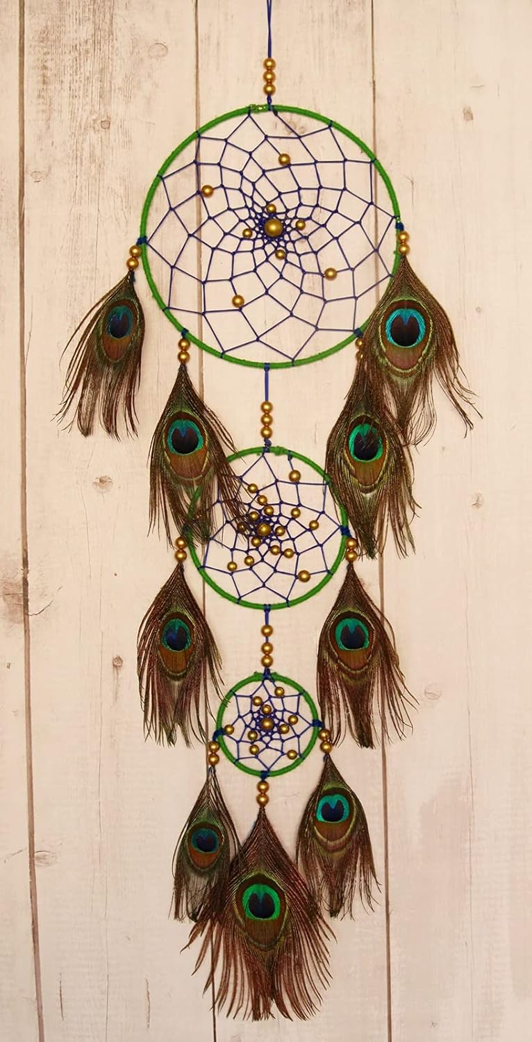 Yuvicreations Dream Catcher for Wall Decor 8 Inches Ring Fine Quality Feathers 3 Ring Peacock MultiColoured  - Image 4