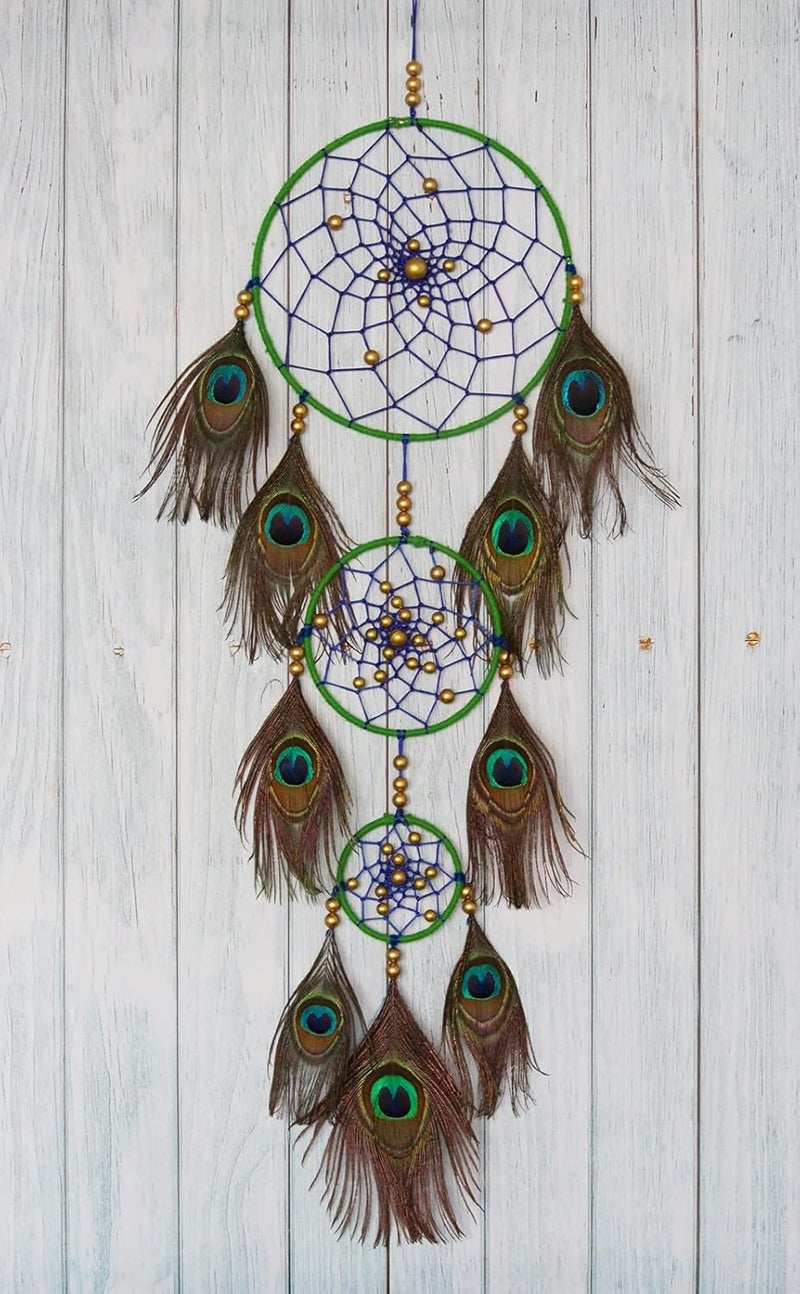 Yuvicreations Dream Catcher for Wall Decor 8 Inches Ring Fine Quality Feathers 3 Ring Peacock MultiColoured  - Image 2