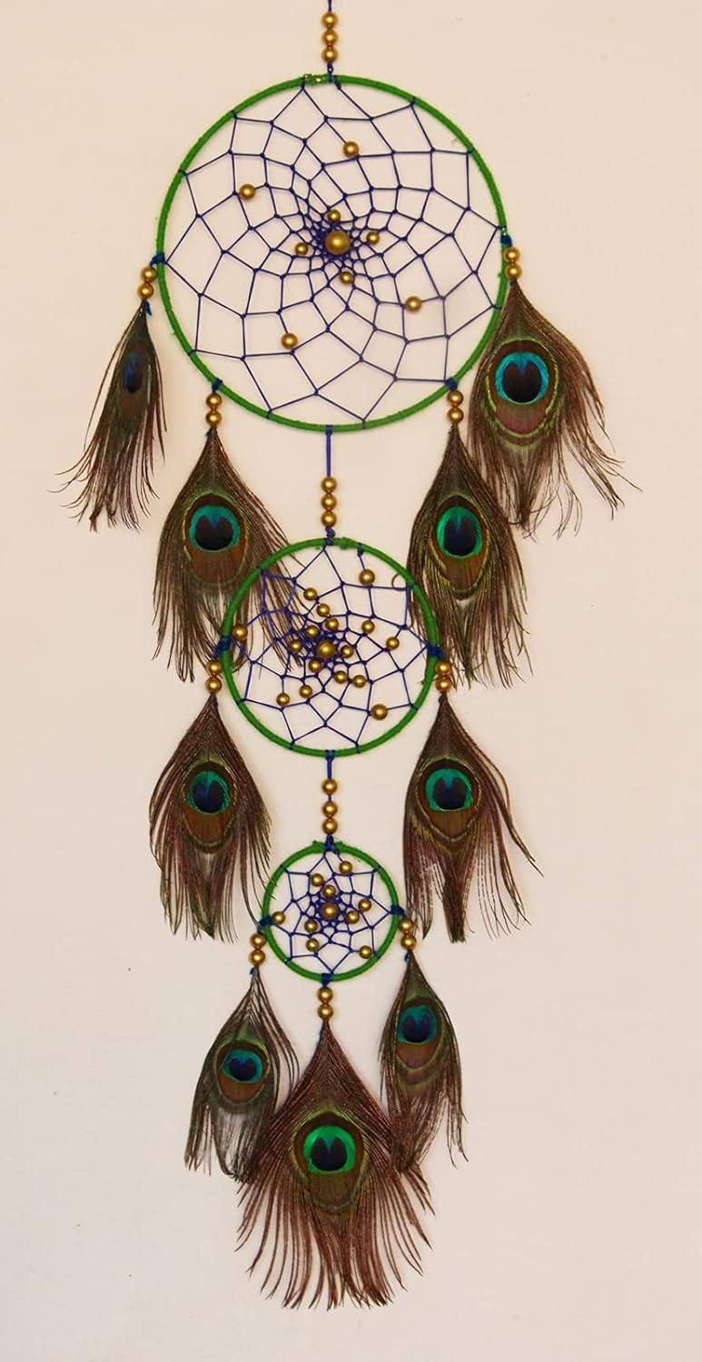 Yuvicreations Dream Catcher for Wall Decor 8 Inches Ring Fine Quality Feathers 3 Ring Peacock MultiColoured  - Image 1