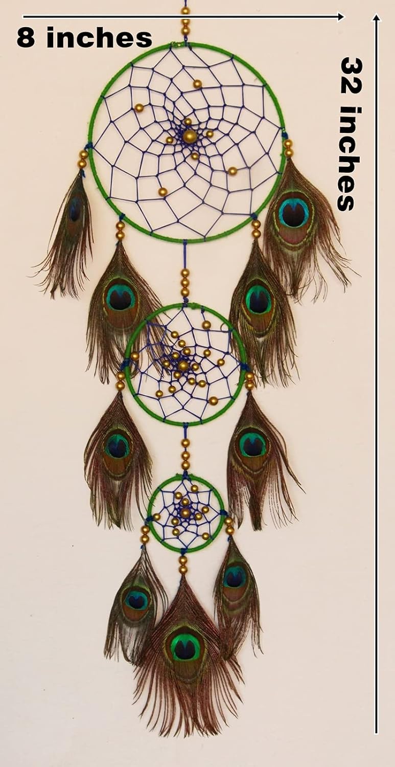 Yuvicreations Dream Catcher for Wall Decor 8 Inches Ring Fine Quality Feathers 3 Ring Peacock MultiColoured  - Image 3