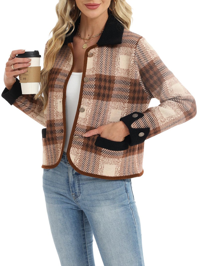 HOULENGS Women's Vintage Long Sleeve Plaid Print Cardigan Sweater Button Down Lapel Knit Sweater Coat with Pockets Khaki Large - Image 3