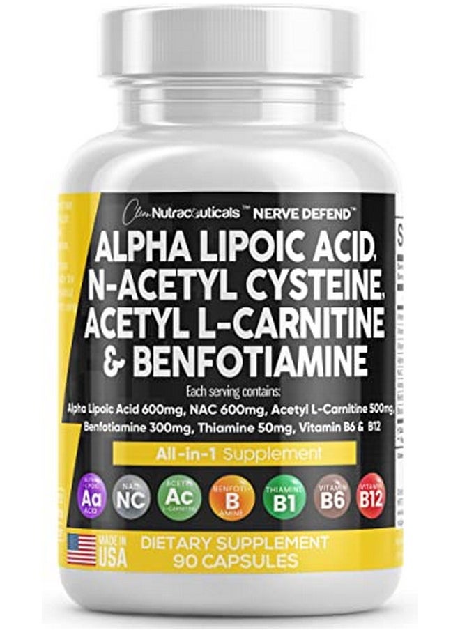 Clean Nutraceuticals - Alpha Lipoic Acid 600Mg Nacetyl Cysteine 600Mg Acetyl Lcarnitine 500Mg Benfotiamine 300Mg Nerve Support Supplement For Women And Men With Vitamin B1 Vitamin B6 & Vitamin B12 Made In Usa 90 Caps - Image 1