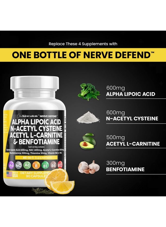 Clean Nutraceuticals - Alpha Lipoic Acid 600Mg Nacetyl Cysteine 600Mg Acetyl Lcarnitine 500Mg Benfotiamine 300Mg Nerve Support Supplement For Women And Men With Vitamin B1 Vitamin B6 & Vitamin B12 Made In Usa 90 Caps - Image 1
