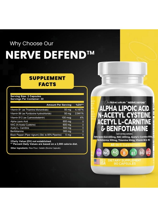 Clean Nutraceuticals - Alpha Lipoic Acid 600Mg Nacetyl Cysteine 600Mg Acetyl Lcarnitine 500Mg Benfotiamine 300Mg Nerve Support Supplement For Women And Men With Vitamin B1 Vitamin B6 & Vitamin B12 Made In Usa 90 Caps - Image 1