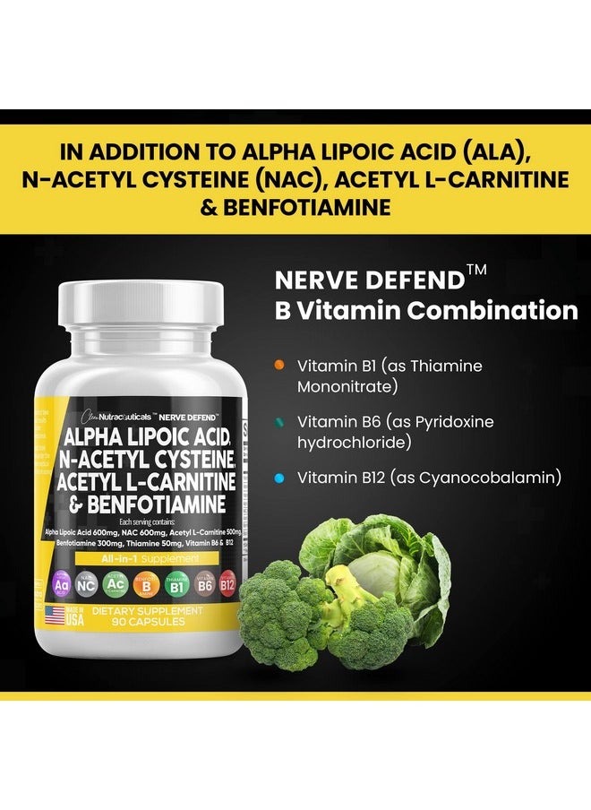 Clean Nutraceuticals - Alpha Lipoic Acid 600Mg Nacetyl Cysteine 600Mg Acetyl Lcarnitine 500Mg Benfotiamine 300Mg Nerve Support Supplement For Women And Men With Vitamin B1 Vitamin B6 & Vitamin B12 Made In Usa 90 Caps - Image 1