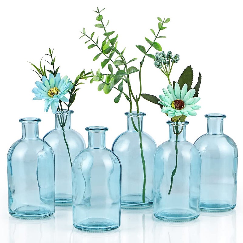 MDLUU 6Pack Glass Bud Vase Apothecary Bottle Vase Decorative Glass Bottle for Wedding Centerpiece Home Decor Blue